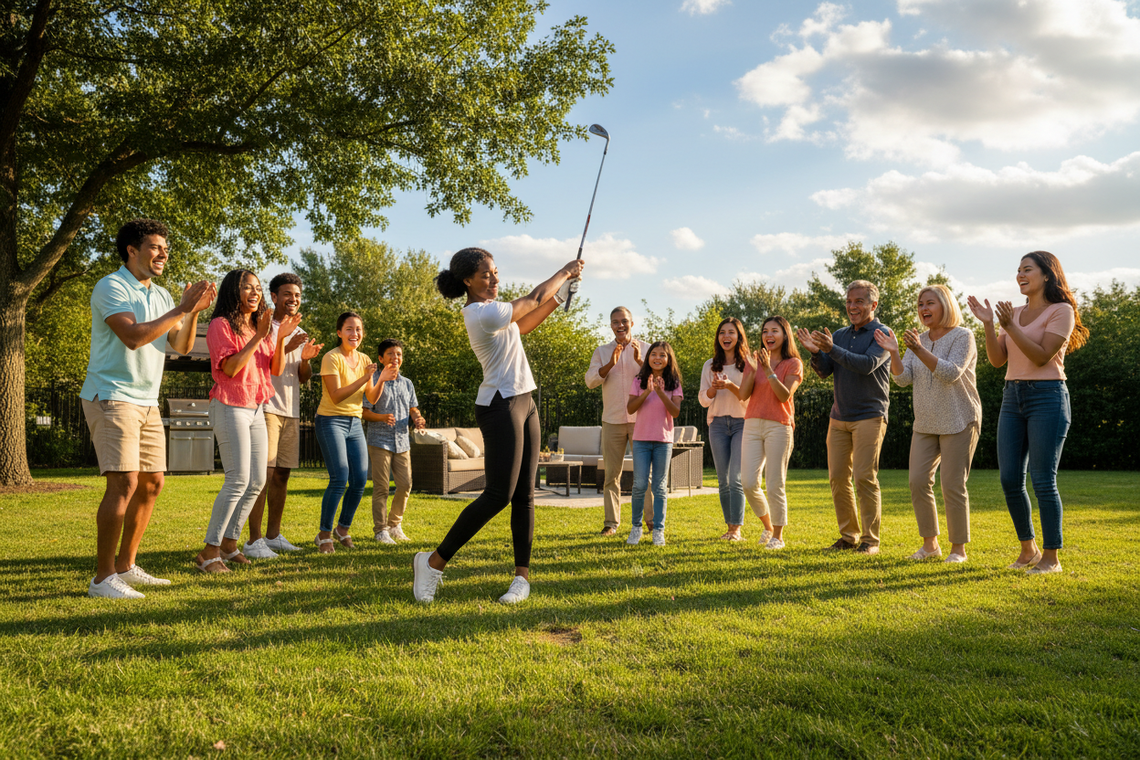 great but make the crowd include different races including black, asian, indian, cuacasian and use a wedge iron club instead of the driver